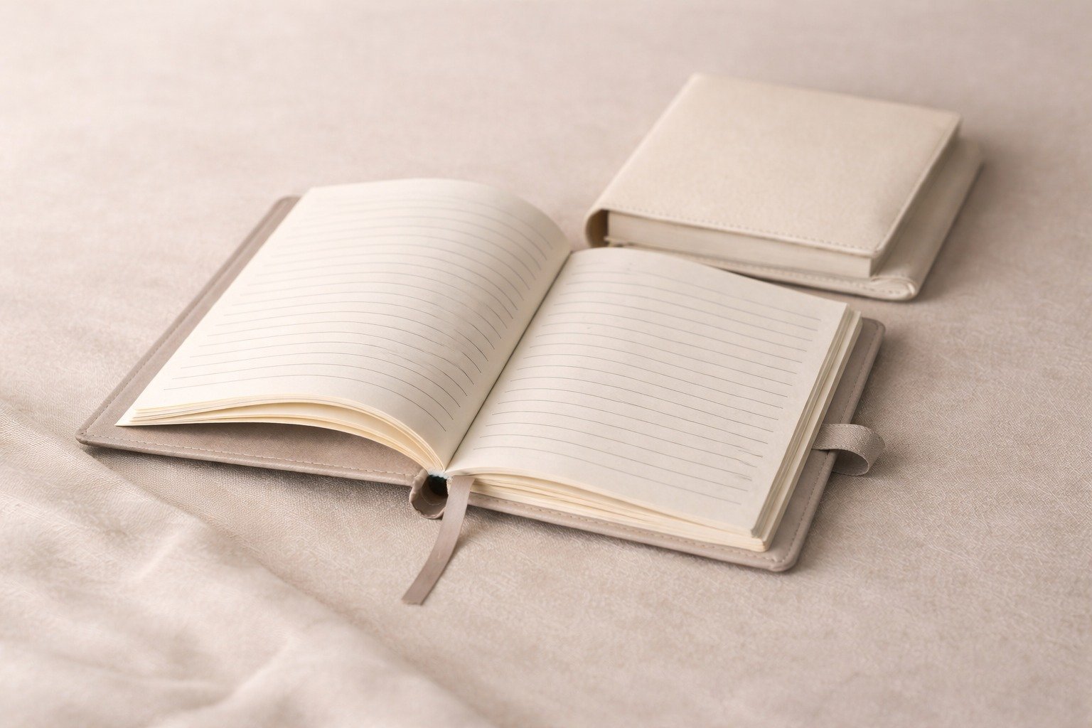A journal cover and open pages displayed in soft neutral tones.