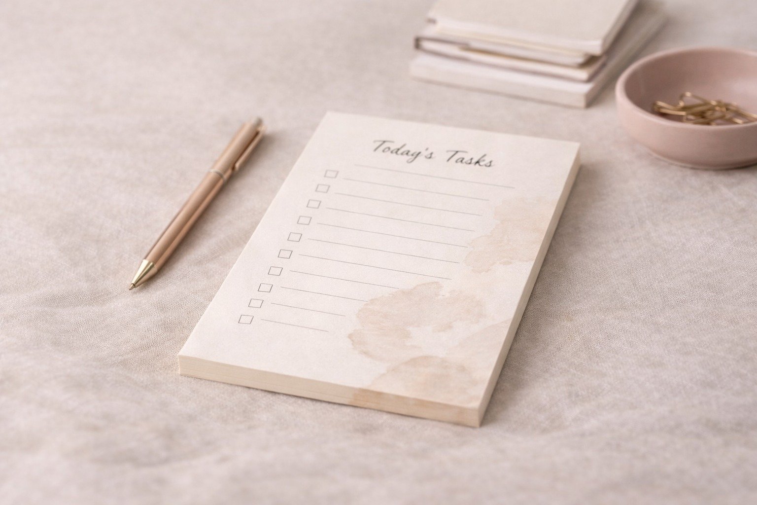 A tidy set of notepads and paper sheets styled in a warm editorial composition.