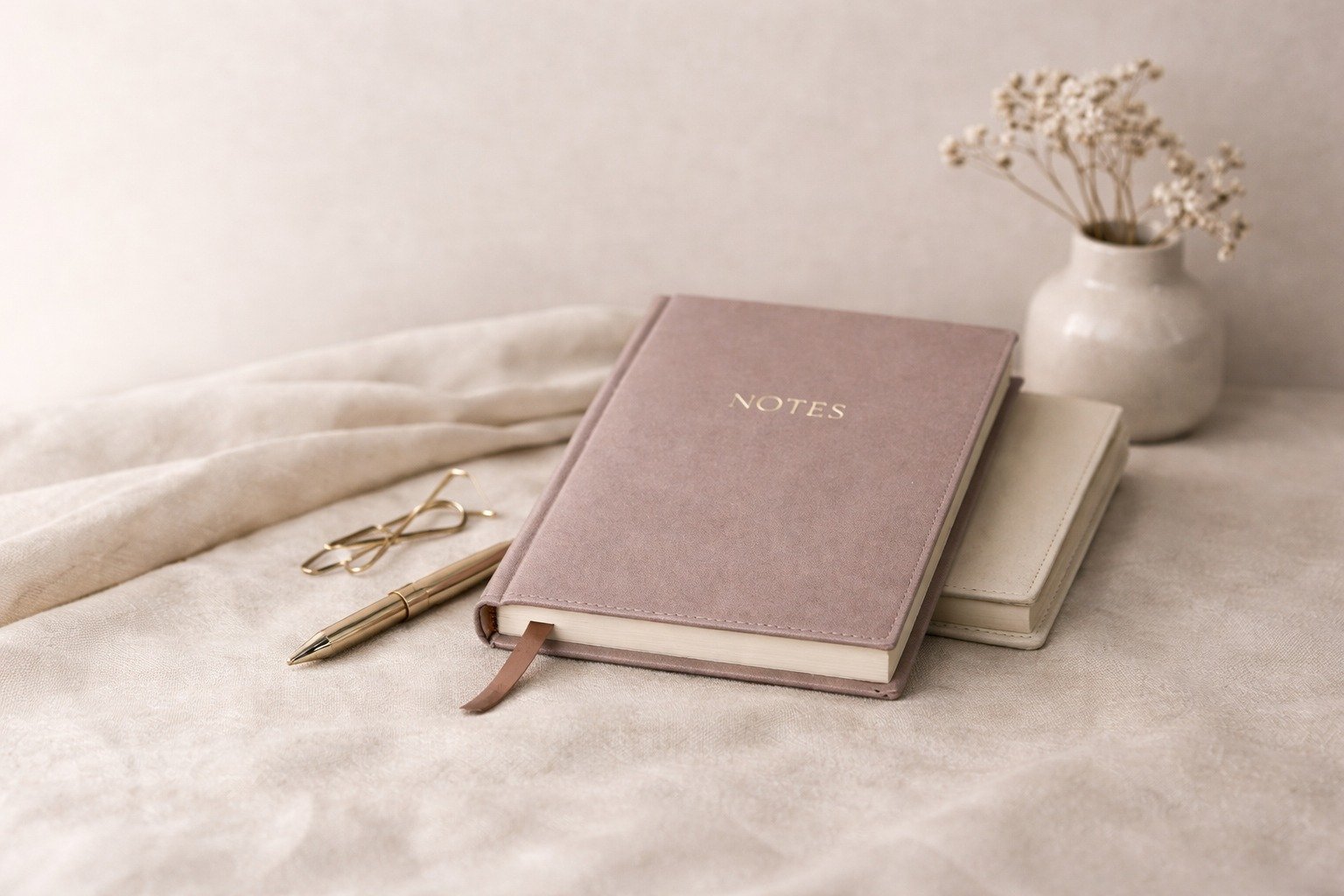 A softly styled stationery arrangement with a journal, notebook, and paper details.